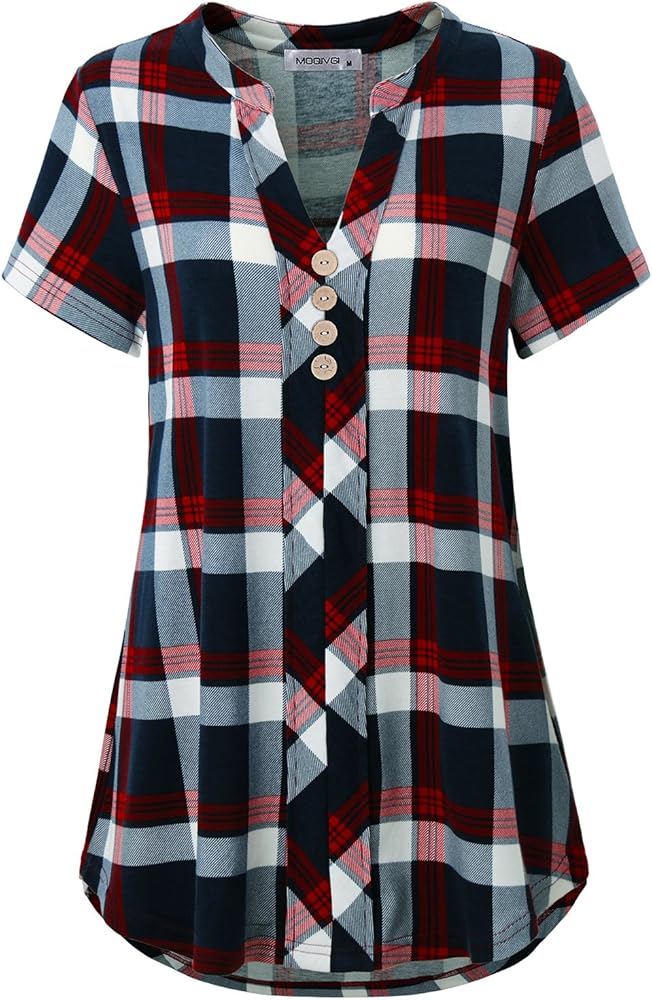 MOQIVGI Womens Notch Neck Short Sleeve Plaid Shirts Checkered Blouse Tops