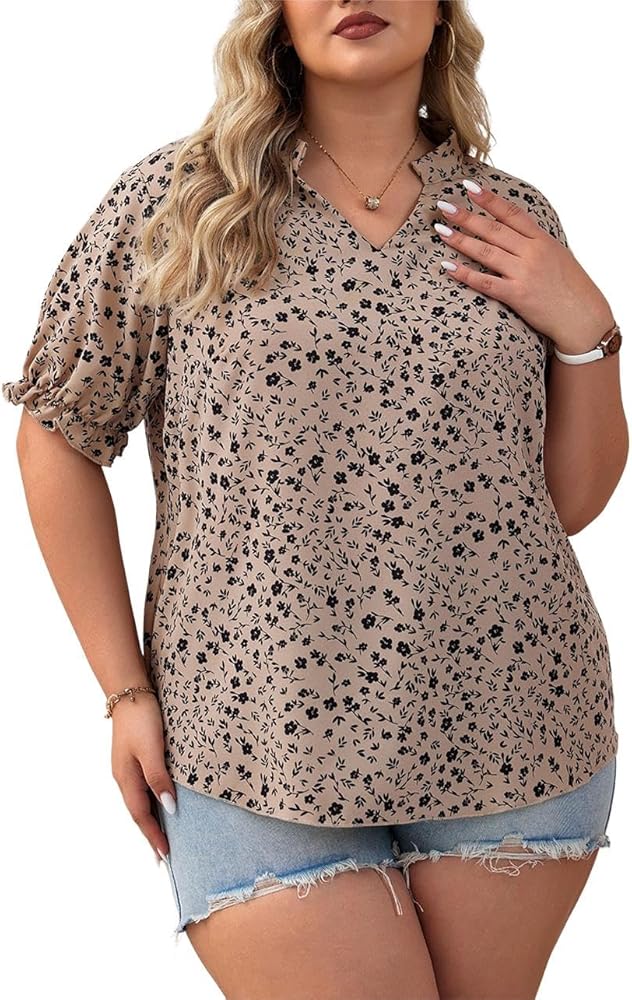 SOLY HUX Women's Plus Size Allover Printed Notched V Neck Short Sleeve Casual Blouse Tops