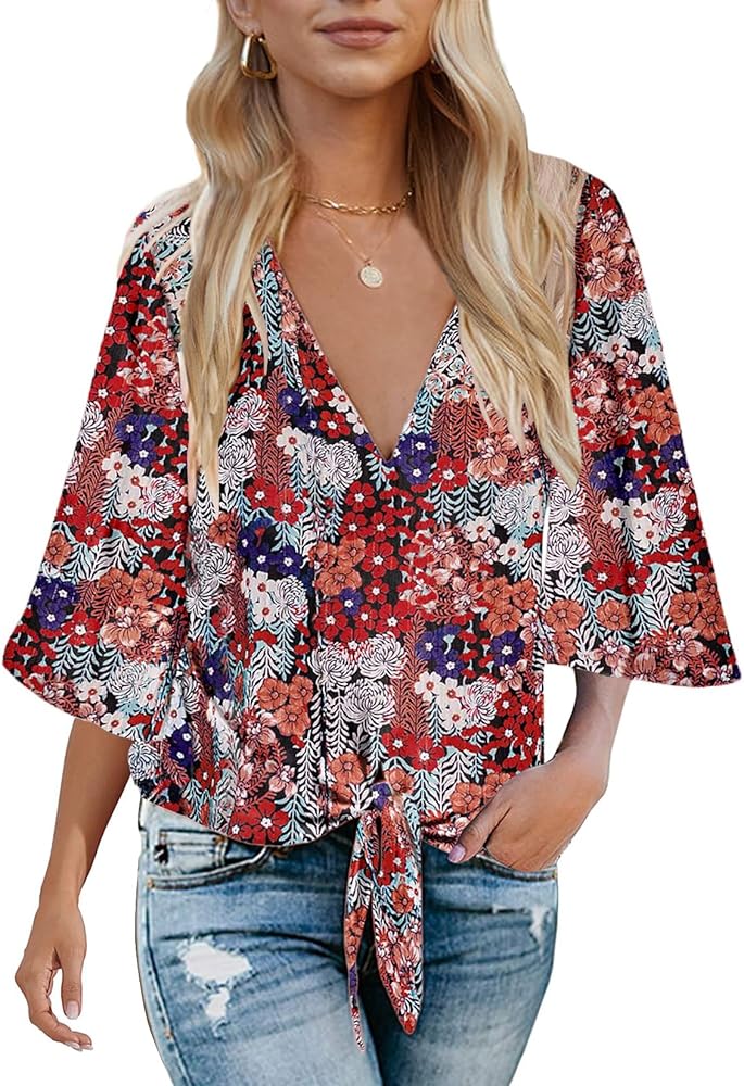 Bluetime Womens Summer Tops Boho 3/4 Sleeve V Neck Tie Front Shirts Casual Floral Blouses