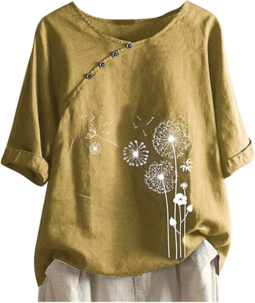 DASAYO Women's Floral Print Cotton Linen Tee Top Button Decor Round Neck Blouse Shirts Loose Fashion Going Out Shirt Tops