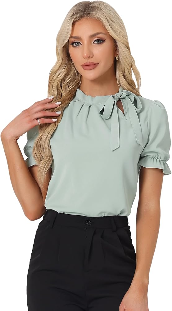 Allegra K Women's Bow Tie Neck Tops Elegant Office Short Sleeve Blouse