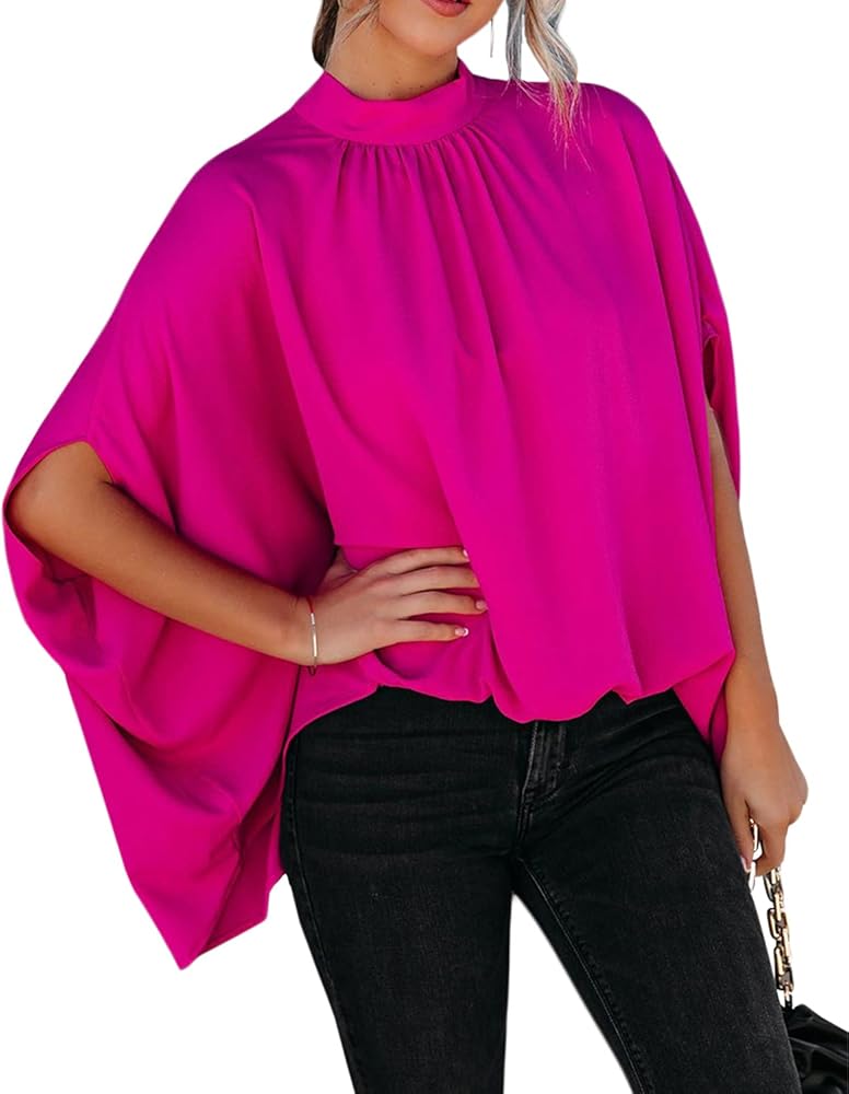 Women's Summer Oversize Blouses Mock Neck Pleated Batwing Sleeve Drape Tunic Dressy Cape Shirt Tops