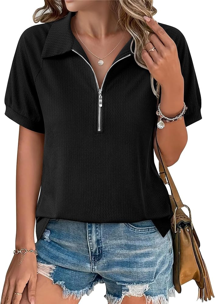 Vivilli Women's Short Sleeve Tops and Blouses Business Casual Collared Tunic Shirt with Zipper