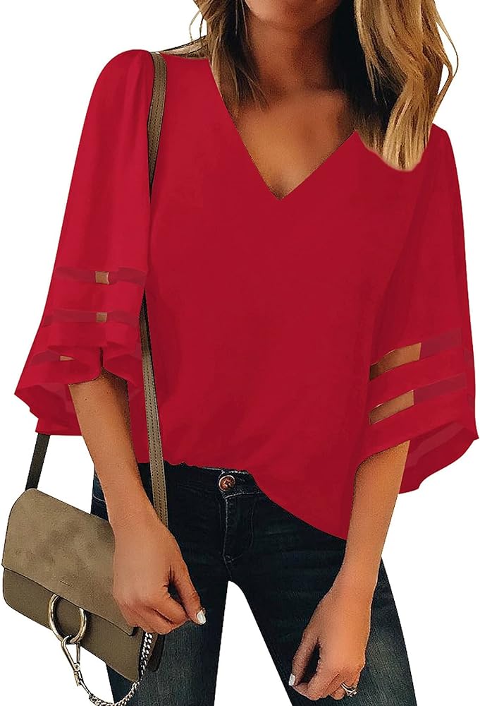 luvamia Women's Casual V Neck Blouse 3/4 Bell Sleeve Mesh Panel Shirts Loose Top