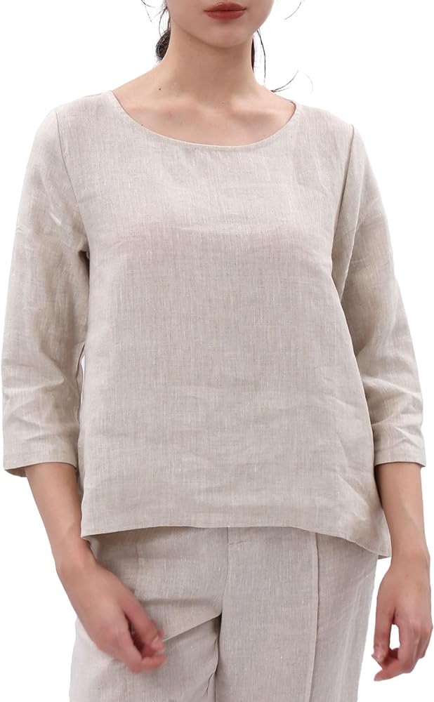 Womens Linen 3/4 Sleeve Blouse Crew Neck Summer Casual Tops Loose Fit