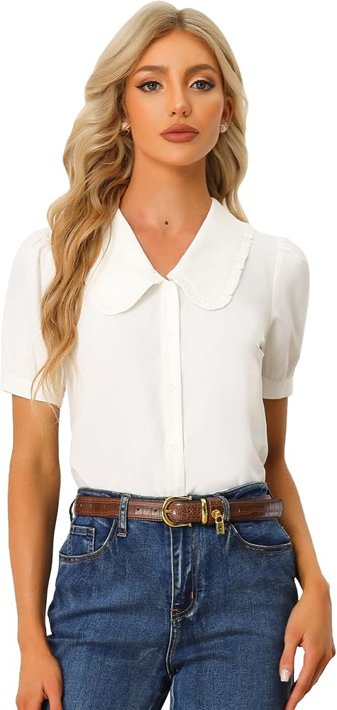 Allegra K Women's Peter Pan Collar Shirt Puff Short Sleeve Retro Vintage Blouse