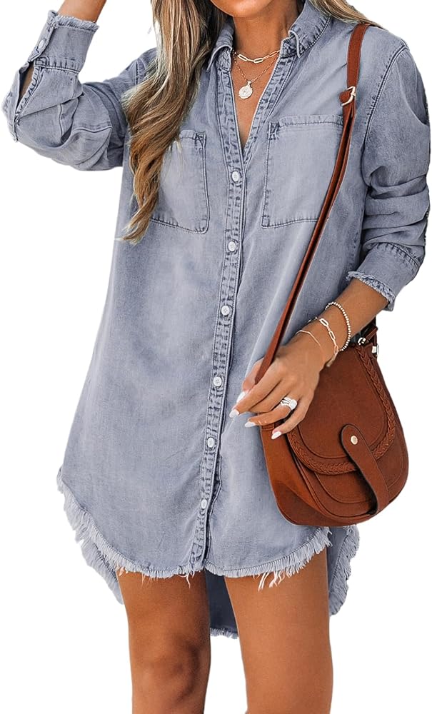 CUPSHE Women Casual Denim Oversized Shirt Long Sleeve Lapel Collar Button Down Shirts Dolphin Hem