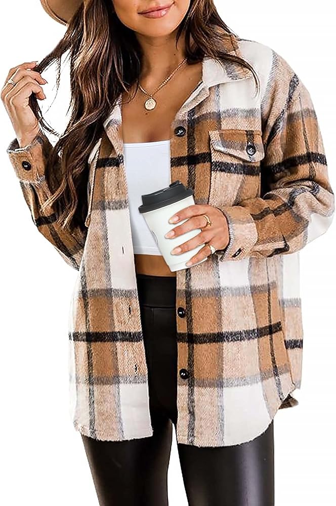 Womens Plaid Shacket Jacket Casual Button Down Shirts Long Sleeve fall fashion clothes