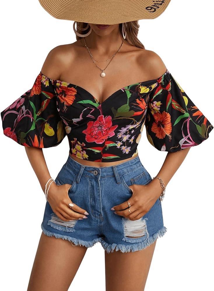 Floerns Women's Boho Off Shoulder Allover Print Puff Short Sleeve Cropped Blouse Top