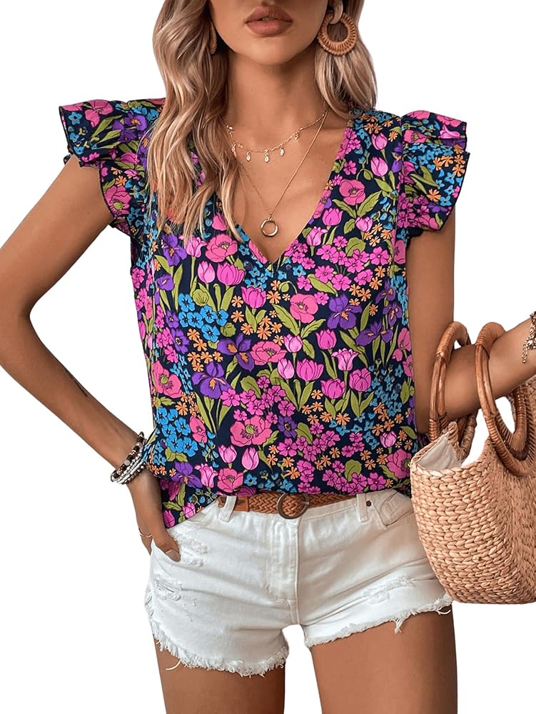 SOLY HUX Women's Floral Print V Neck Ruffle Trim Cap Sleeve Summer Blouse Tops