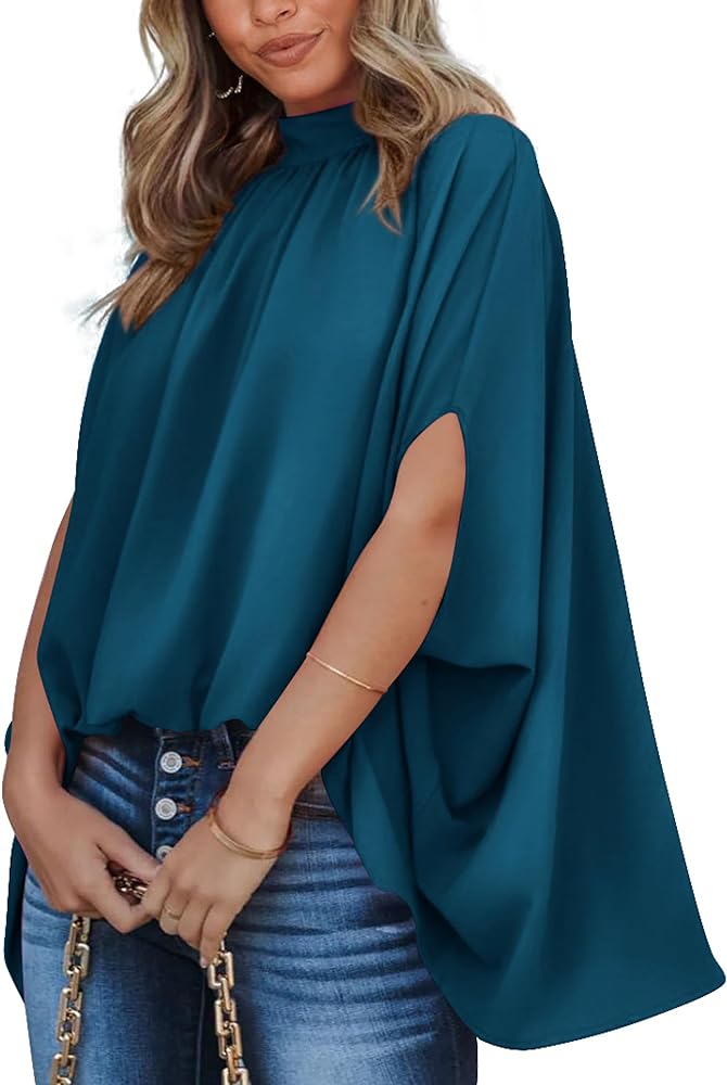 BTFBM Women Mock Neck Batwing Short Sleeve Summer Tops 2024 Spring Loose High Low Hem Casual Oversize Blouses Shirts Top