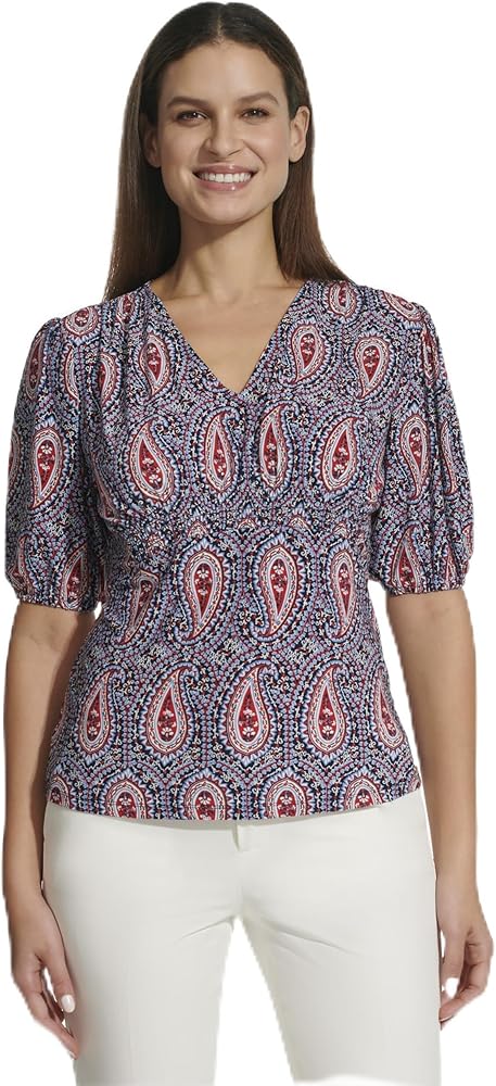 Tommy Hilfiger Women's Short Sleeve V--neck Smocked Short Sleeve Top