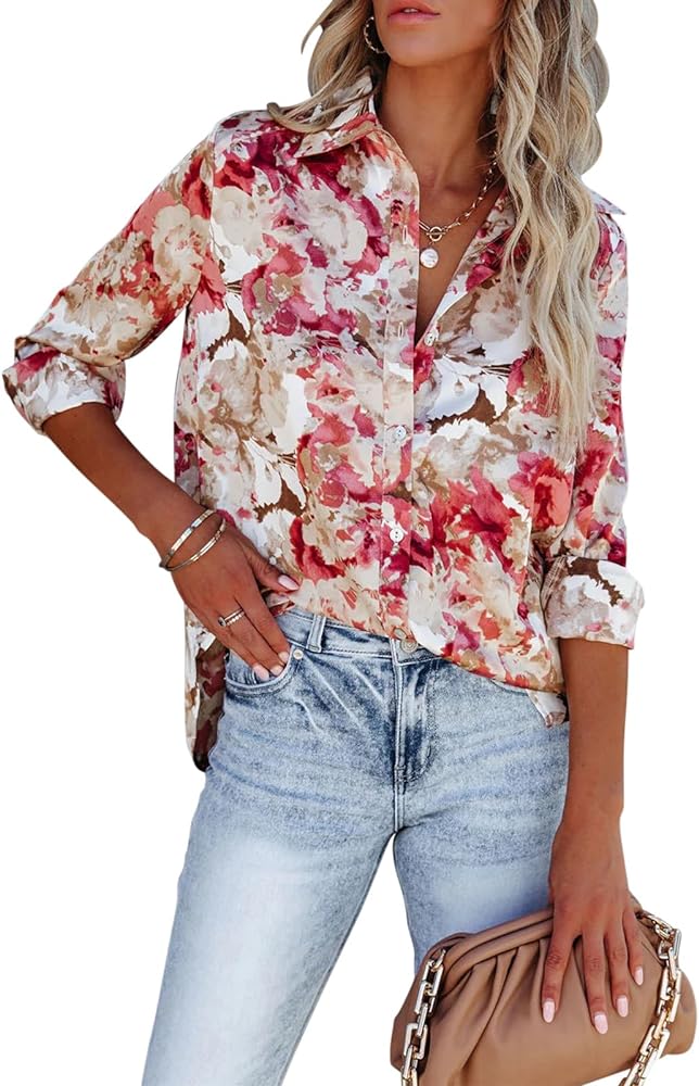 siliteelon Womens Button Down Shirts Dress Shirts Long Sleeve Wrinkle Free Collared Work Blouses Casual Print Chiffon Top