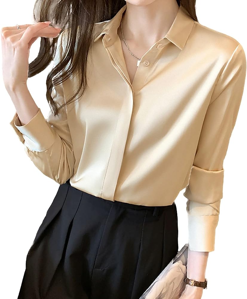 Women's Satin Blouse Fashion Long Sleeve Satin Silk Shirt Work Office Top Casual Shirt