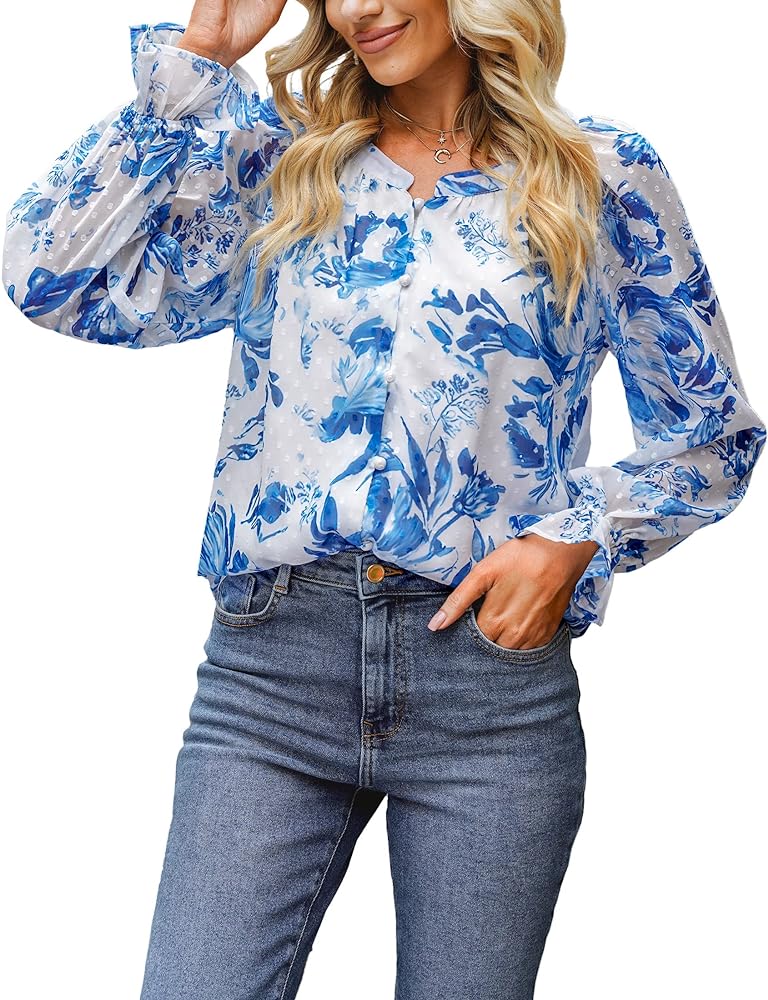 luvamia Blouses for Women Dressy Casual Button Down Blouse Floral Peasant Tops Lantern Ruffle Long Sleeve Shirts