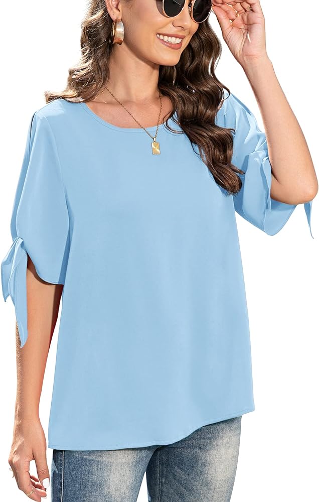 Jouica Women's Summer Casual Knot Cuff Chiffon Blouse Short Sleeve Loose Top Shirts