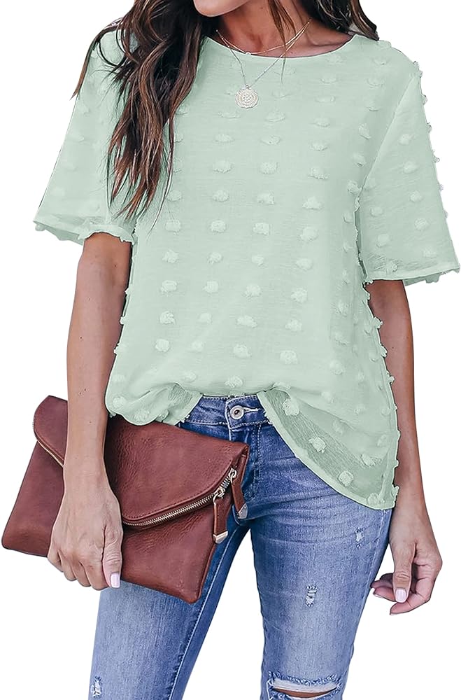 Blooming Jelly Womens Chiffon Blouse Summer Casual Round Neck Short Sleeve Pom Pom Shirts Top