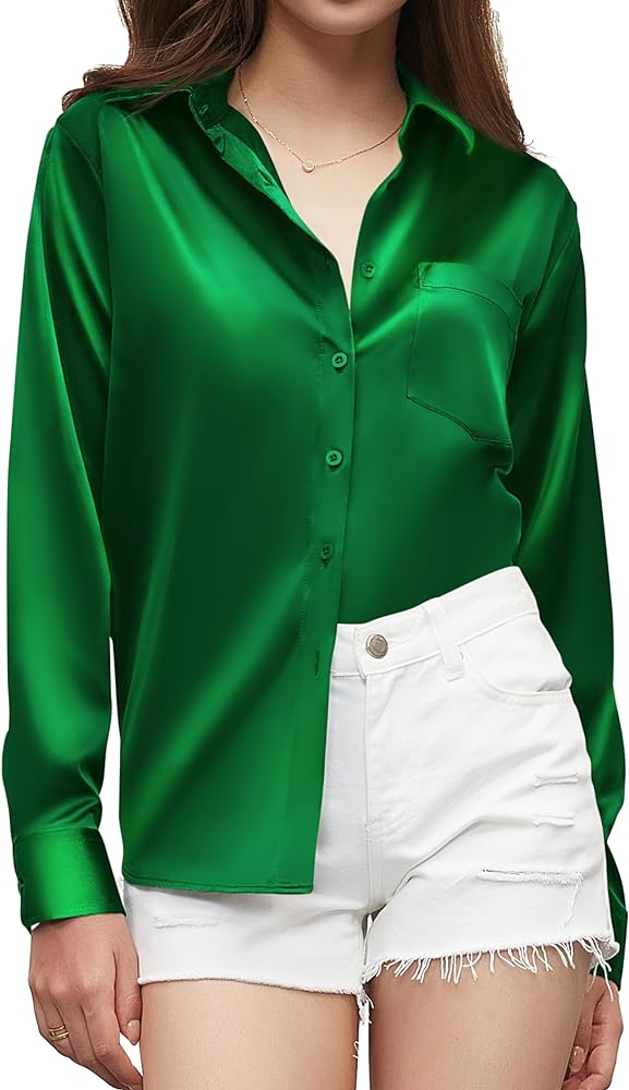 Women's Button Down Shirts Satin Long Sleeve Casual Business Silk Tops with Pocket