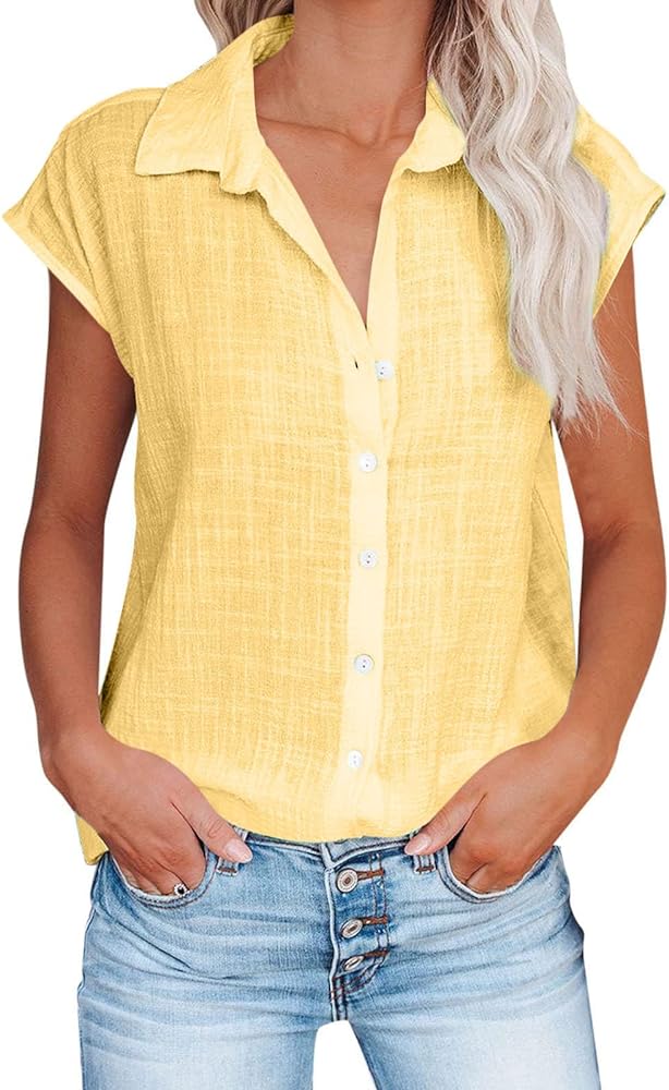 Ceboyel Shirts for Women Trendy Summer Cotton Linen Short Sleeve Tops Collared Button Down Causal Blouse Laides Clothing 2023