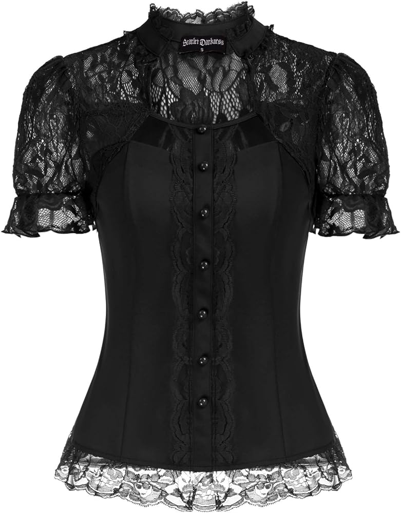 Scarlet Darkness Victorian Tops Short Lace Sleeve Shirts Stand Collar Blouse