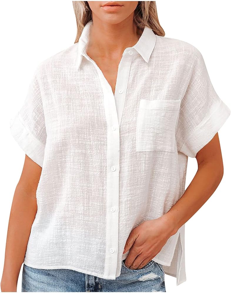 Ceboyel Women Short Sleeve Cotton Linen Shirts Button Down Blouse Gauze Collared Summer Tops Boho Casual Ladies Clothes