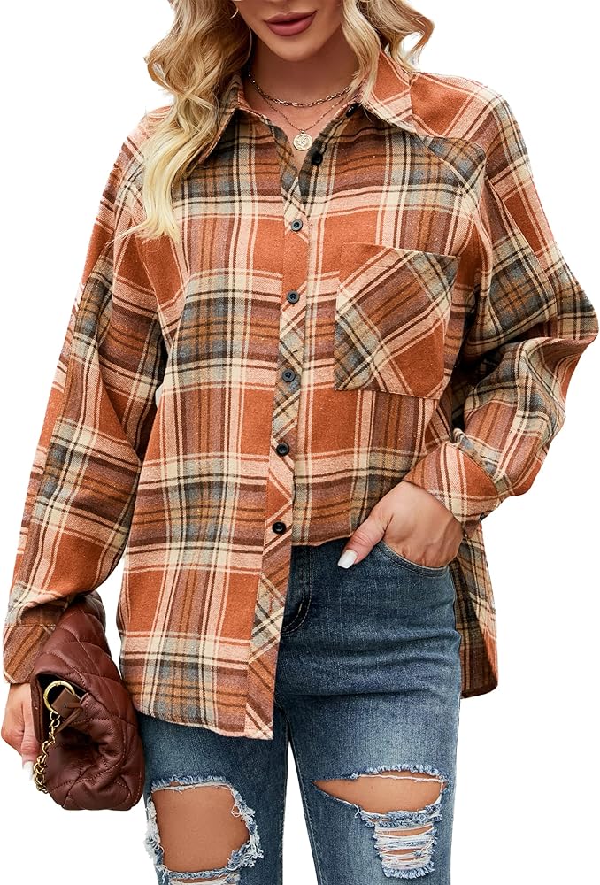 Blooming Jelly Womens Long Sleeve Shirts Flannel Plaid Tops 2023 Button Down Casual Fall Outfits Shacket