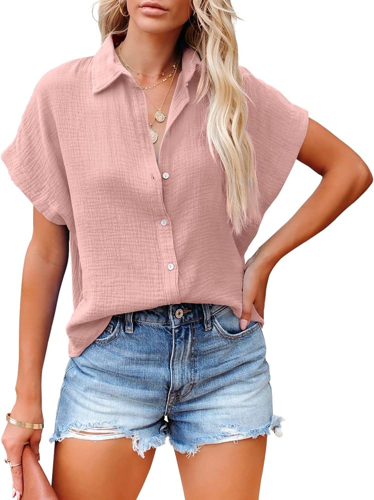 Davenil Women Button Down Shirts Linen Casual Collar Short Sleeve Blouses