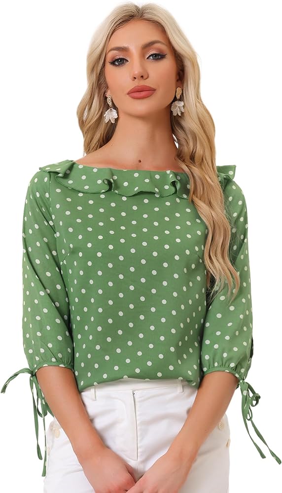 Allegra K Women's Vintage 3/4 Sleeve Tops Boat Neck Ruffled Polka Dots Blouse