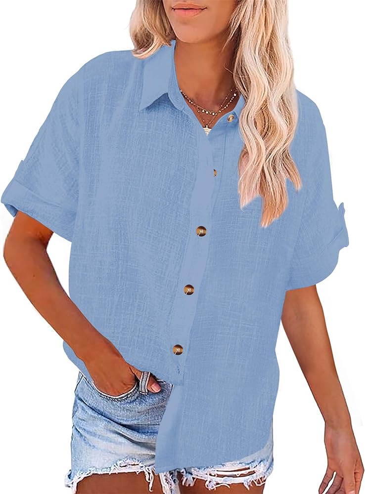 Women Linen Button Down Shirt Cotton Short Sleeve Blouses V Neck Collared Button Up Summer Beach Tops