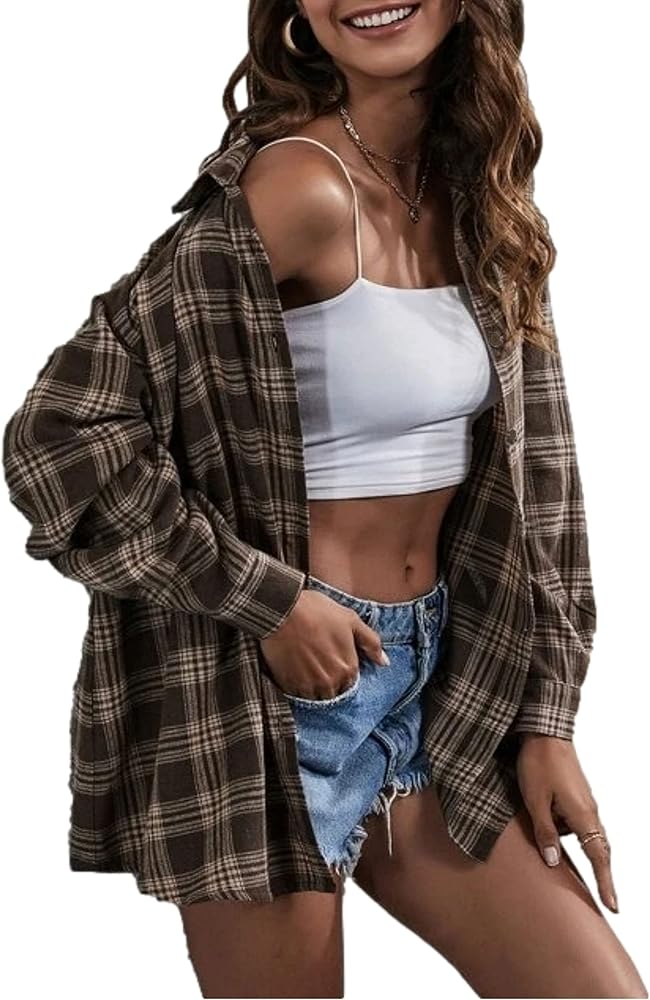 Zontroldy Womens Flannel Plaid Shirts Oversized Lightweight Buffalo Plaid Button Down Shirt Blouse Tops