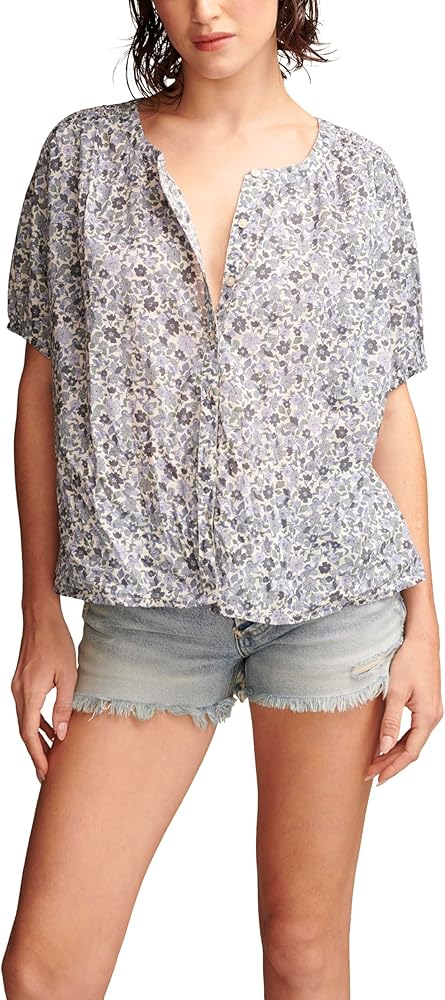 Lucky Brand Women's Printed Smocked Shoulder Blouse