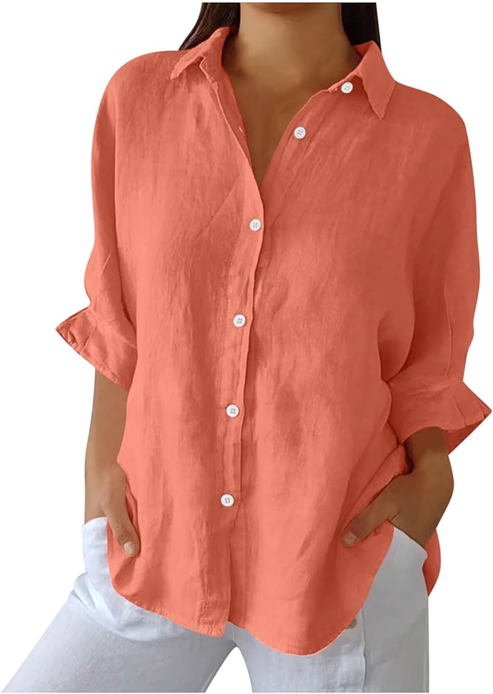 Women Button Down Shirts Cotton Linen Blouse Tops 3/4 Sleeve Gauze Collar Shirt Tunic Loose Fit Fashion Trendy Clothes