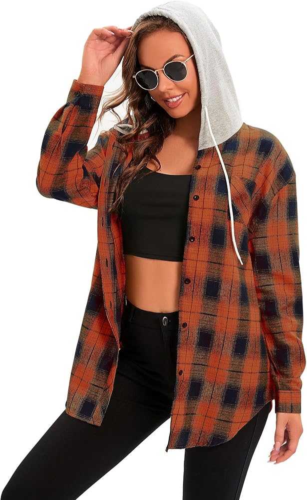 Women's Plaid Flannel Shirts Hoodie Long Sleeve Oversized Shirt Jacket Button Down Blouse Tops