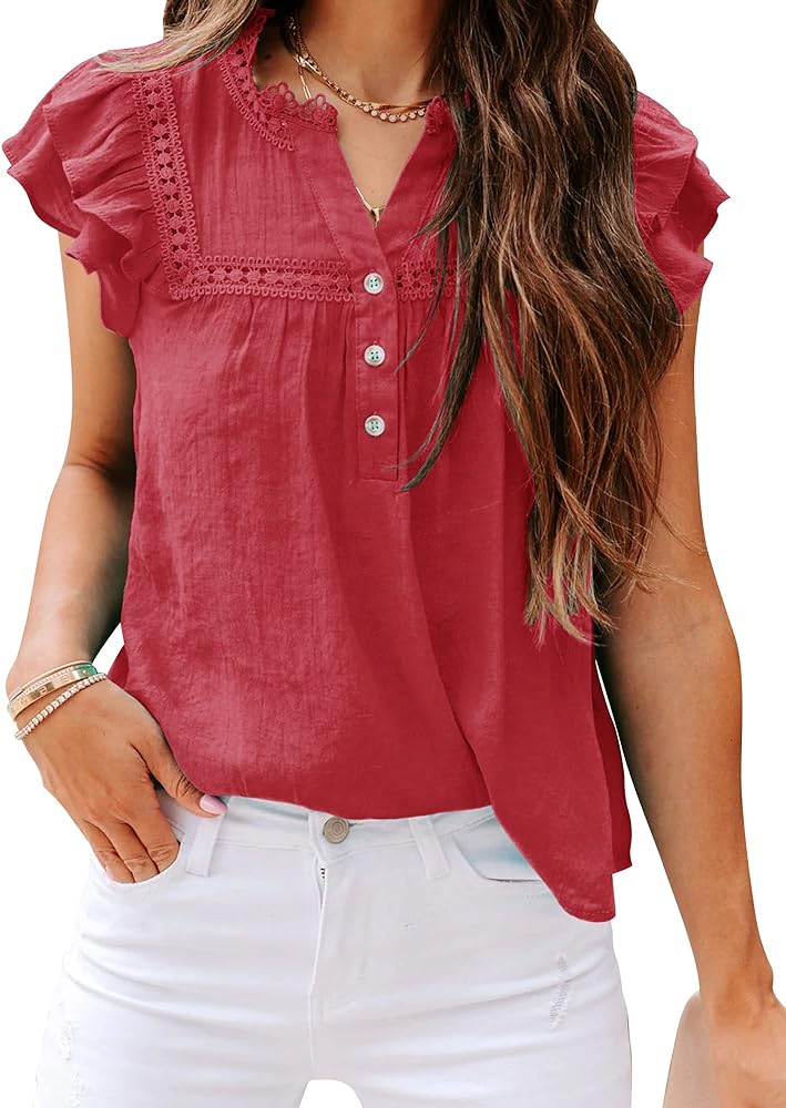 Orchidays Women's V Neck Lace Crochet Shirts Short Sleeve Button Down Casual Solid Blouse Tops