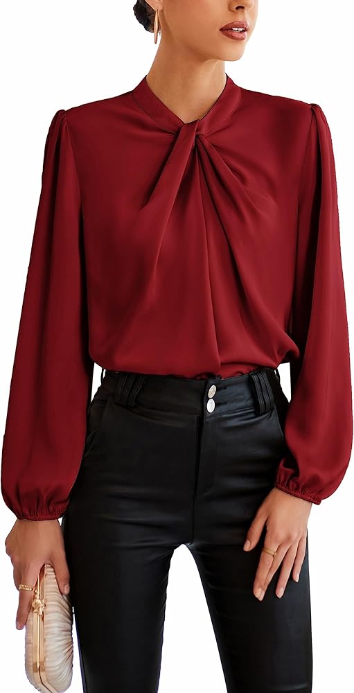 GRACE KARIN Women's Long Lantern Sleeve Shirts Mock Neck Solid Casual Blouse Tops