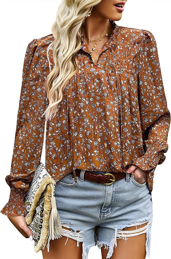 HOTOUCH Womens Long Sleeve Tops Boho Floral Printed Blouses Casual V Neck Pleated Drawstring Peasant Shirts