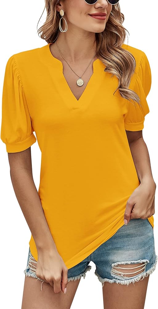 Romanstii Women Casual V-neck T-Shirts Loose Puff Short Sleeve Tops Tunic Blouses