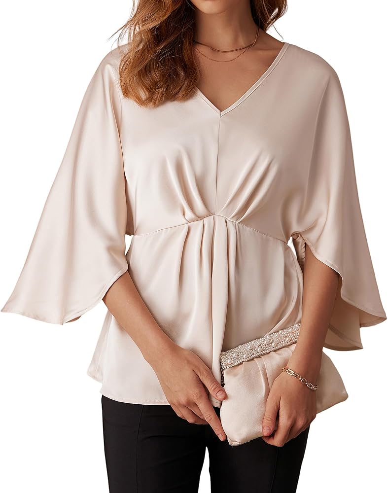 GRACE KARIN Women's Satin Silk Peplum Top Ruffle 3/4 Sleeve Tops for Women Dressy Work Blouses for Women