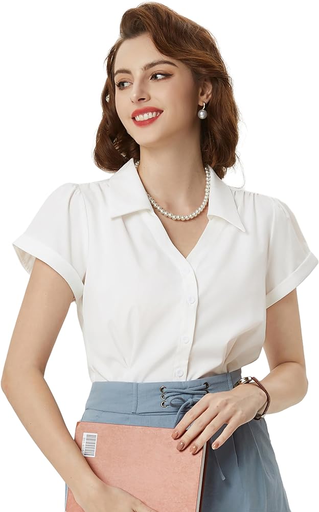 Belle Poque Women Short Sleeve Button Down Shirts Vintage Shirts Business Casual Dressy Blouse Tops