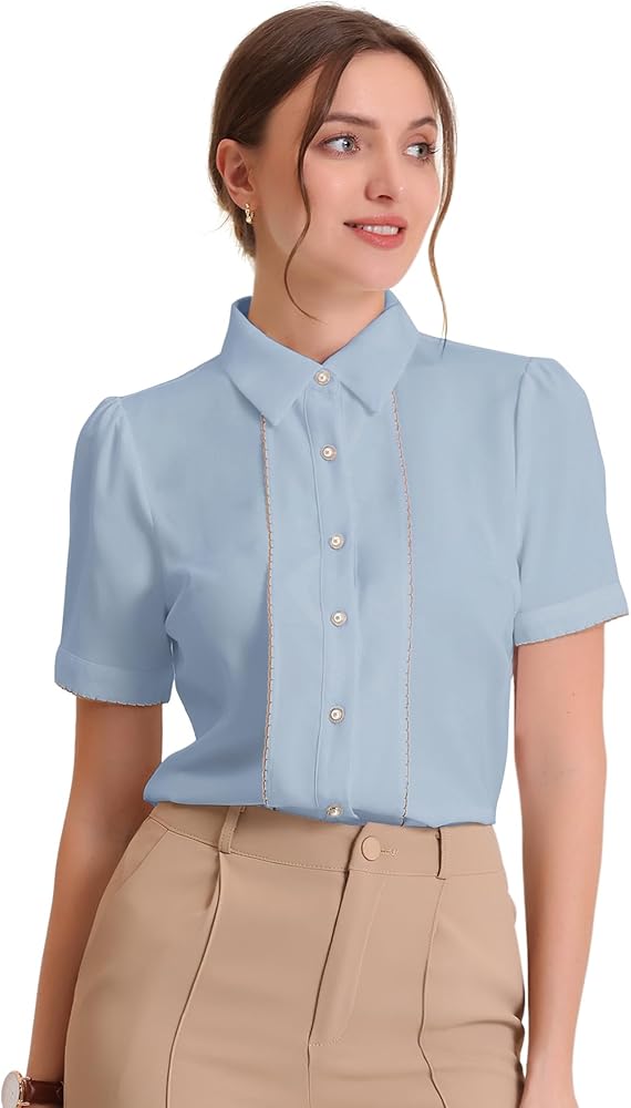 Allegra K Button Down Shirt for Women's 2023 Contrast Trim Puff Short Sleeve Blouse