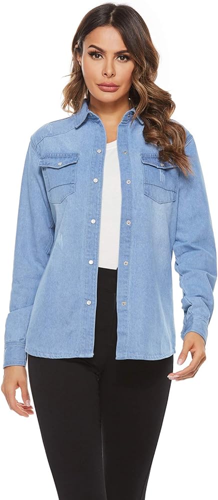 AvaCostume Women's Long Sleeve Double Pocket Slim-fit Jean Denim Shirt