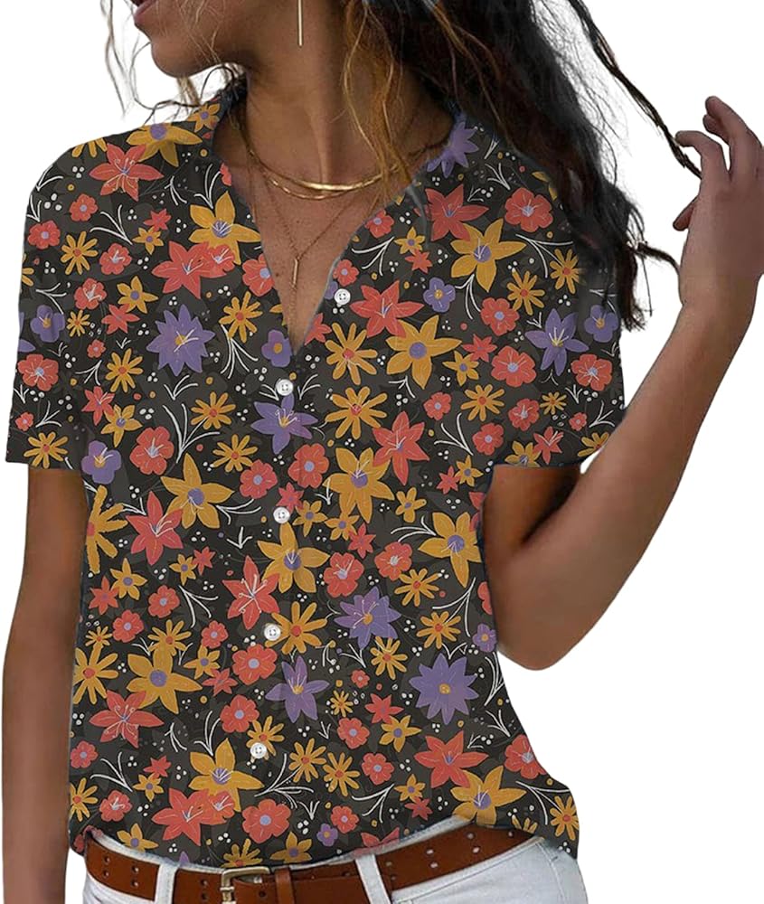 Floral Tops for Women Summer Flower Printed V Neck Tshirts Short Sleeve Tops Dressy Casual