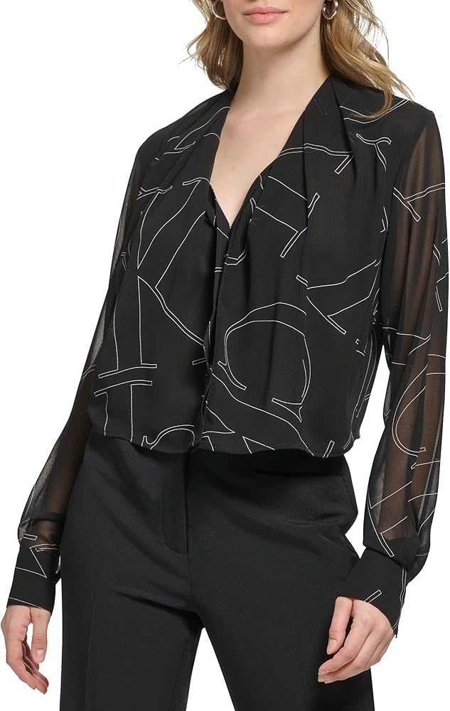 Calvin Klein Women's Poly Chiffon Long Sleeve Printed Blouse