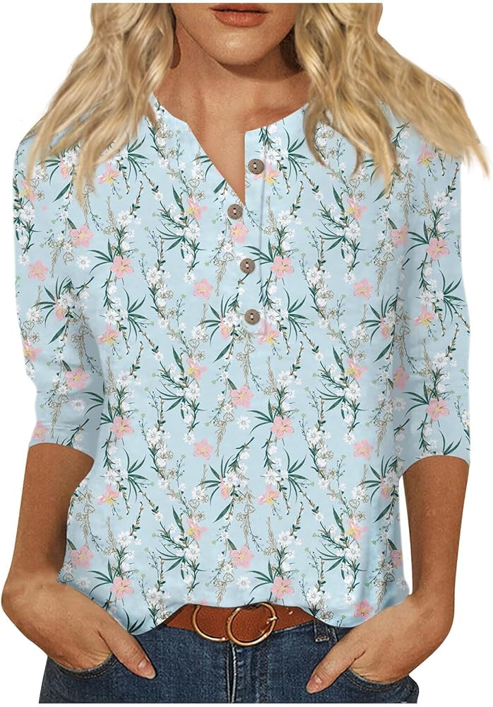 3/4 length sleeve Summer Tops for Women Classic Button Down Crewneck Shirts Floral Graphic Tees dressy Casual Blouses