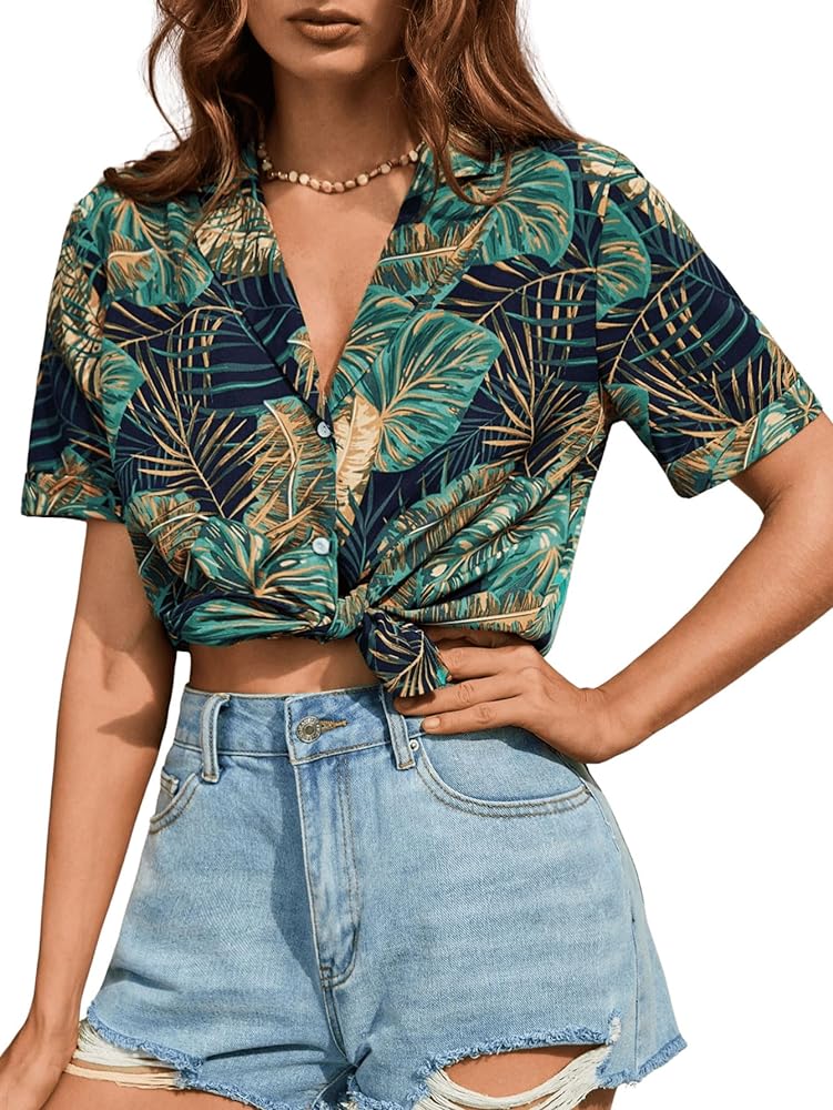 Verdusa Women's Collared Button Up Short Sleeve Tropical Shirts Hawaii Blouses