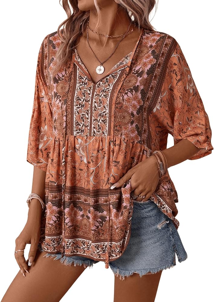 Verdusa Women's Floral Print Boho Tunic Blouse 3/4 Sleeve Notched Neck Peplum Shirt Top