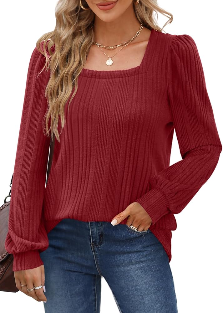 WIHOLL Tunic Tops for Women Loose Fit Long Sleeve Shirts Square Neck Tops