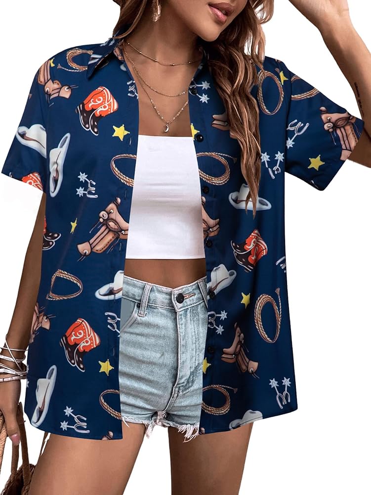 QLIPIN Western Cowgirl Hawaii Shirts Women: Retro Cowgirls Hawaiian Shirt Summer Vacation Button Down Short Sleeve Blouse