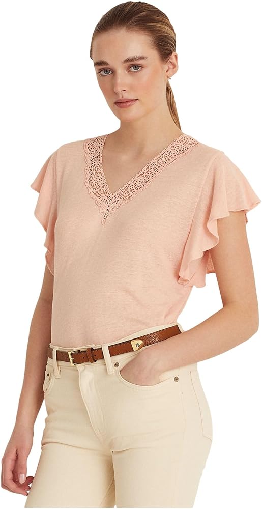 Lauren Ralph Lauren Women's Petite Flutter Sleeve Jersey Top - Pale Pink Size Petite M