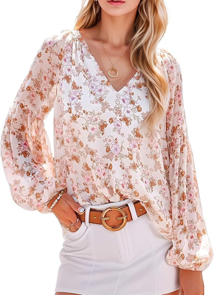 Boho Shirts for Women Floral Print Fashion Long Sleeve Blouse V Neck Casual Dressy Tops White S